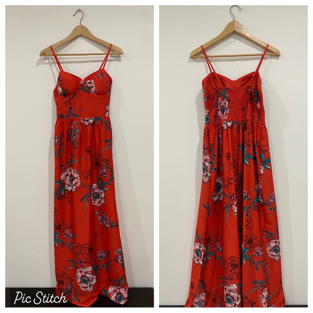 Long red floral dress
